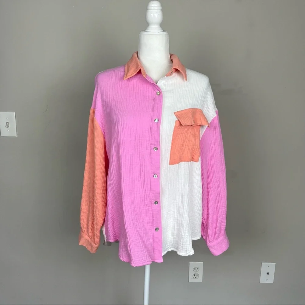 ENTRO COLOR BLOCK BUTTON UP COLLARED COTTON GAUZY TOP SIZE SMALL - Picture 2 of 15